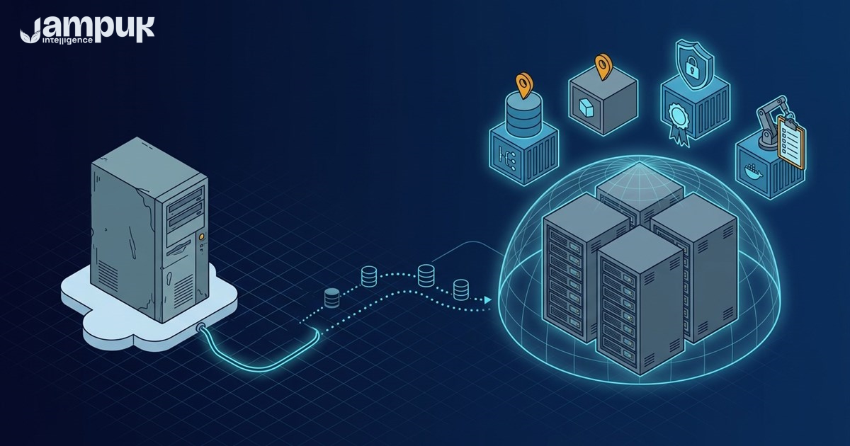 A lone legacy cloud server on the left, joined by a dotted data path to an on-premises cluster on the right, with containerized database, application, TLS, and migration components floating above the racks