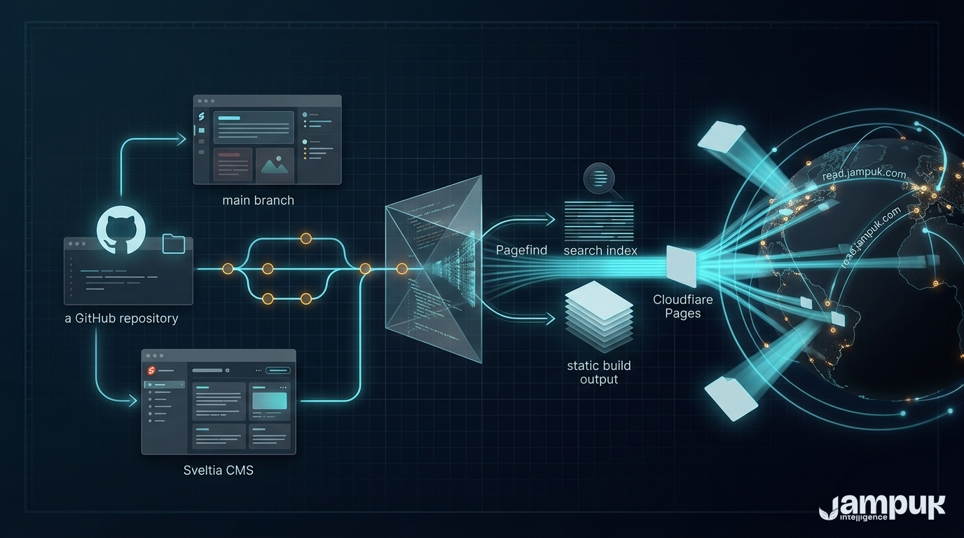 Dark technical schematic showing a Markdown note becoming a git commit, passing through a build engine that outputs a search index and static HTML pages, and being distributed from a globe of edge network nodes by cyan beams